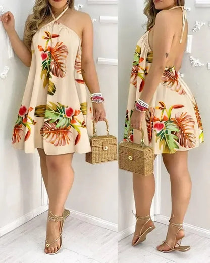 Dresses For Woman 2024 Sexy Sleeveless Backless Short Mini Dress Loose Halter Neck Print Beach Sundress Floral Vestidos S-3XL