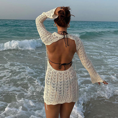 Y2K Vintage Crochet Hollow Out Mini Dress Beach Cover-Ups Chic Women Sexy Knitted Backless Tie-up Bodycon Dress Summer Holiday