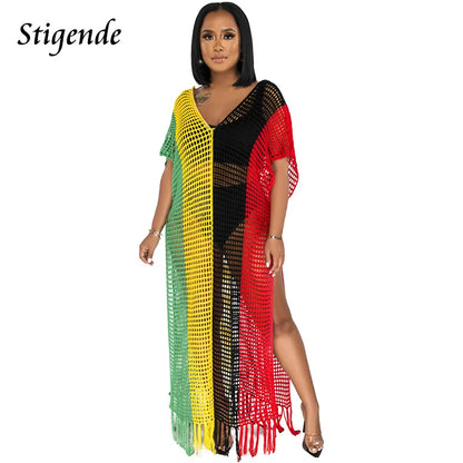 Sexy Side Split Hollow Out Tassels Dress Women Summer Knit Cover Up Swimwear Fashion Multi Color Patchwork Crochet Beach Dress