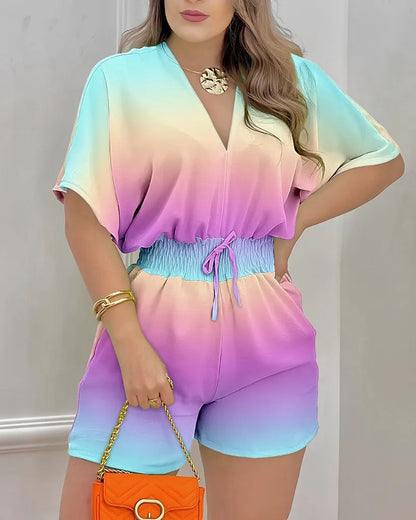 Women Elegant Sexy V Neck Romper Summer Casual short sleeve Playsuits 2023 Lady Fashion printed Elastic waist One Piece Overalls