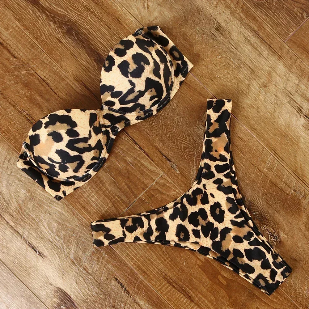 Sexy Women Bikini Swimsuit Push-up Bra Bikini Set Two Piece Swim Suit Swimwear Low-waisted Beachwear Leopard Bathing