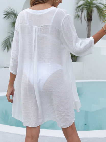 Chiffon Tunics for Beach Women Swimsuit Cover-ups Long Blouse Swimwear Solid Bikini Dress Summer V Neck Swimsuit Bathing Suit