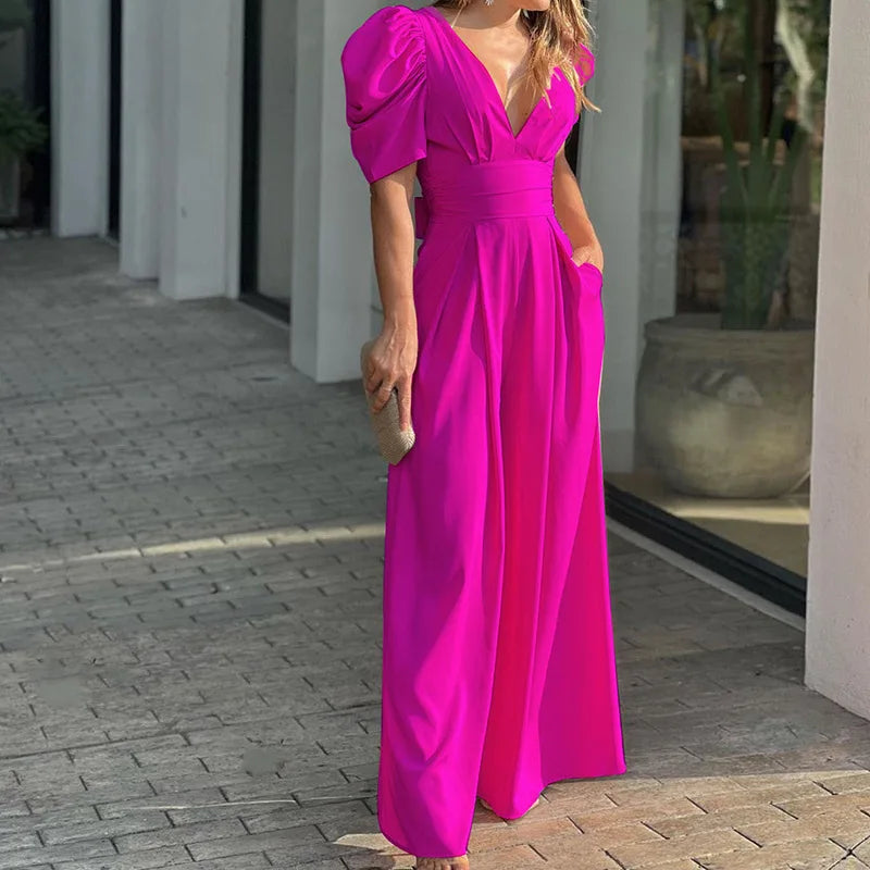 Women's Solid Color Short Sleeved Jumpsuit With V-neck Backless Waisted 2023 Elegant Casual Fashion Women's Wide Leg Jumpsuit