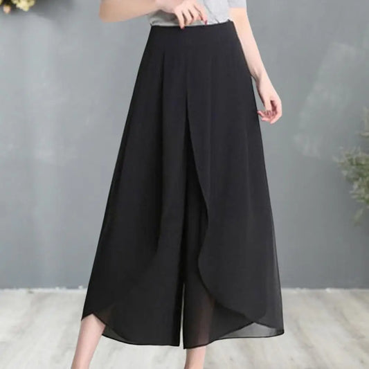 Women Skirt Pants See-through Chiffon Double Layers Split Hem High Elastic Waist Loose Wide Leg Mid-calf Length Cropped Pants