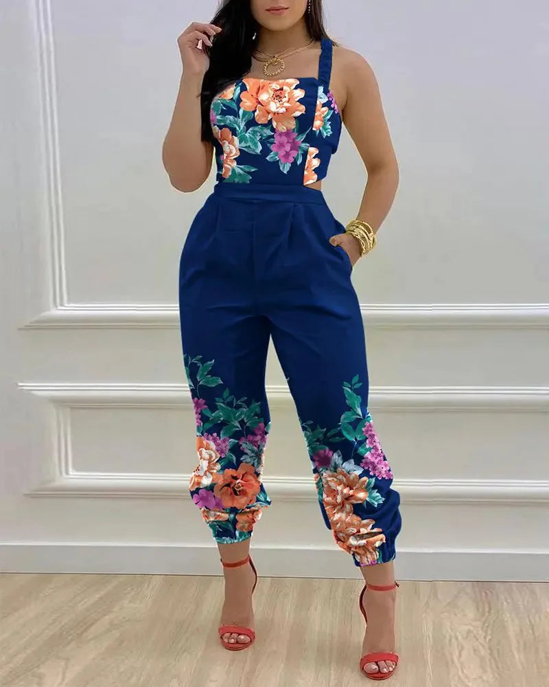 Sexy Hollowed Out Backless Rompers Summer Elegant Holiday Off Shoulder Playsuits Lady Casual Sleeveless Print Jumpsuits Women