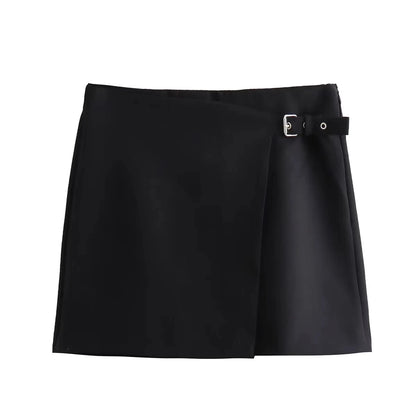 XNWMNZ 2024 Women's Fashion Asymmetric Mini Skirt Shorts Grey Black High Waist Wrap Skorts Female Casual Versatile Short Skirts