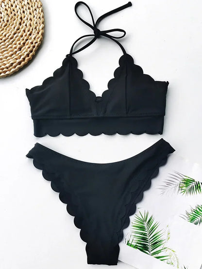 Sexy Scalloped Marble Print Bikini Women Bandeau Swimwear Female Swimsuit Two-pieces Bikini set Knotted Bather Bathing Suit Swim