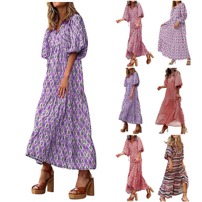 Fashion Women Print Dress Summer Loose Boho Dress Casual Elegant Short Sleeve Beach Party Dresses For Woman Robe Femme 2024 New