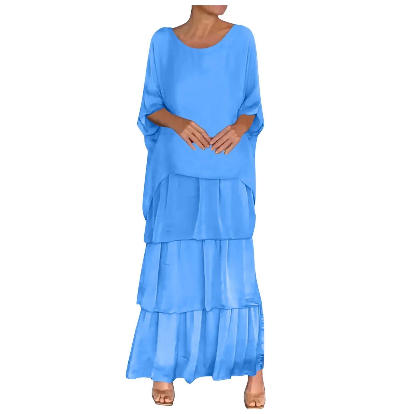 Casual Loose Chiffon Long Cupcake Dress Women's Artistic Style 3/4 Sleeve Round Neck Daily Vacation Maxi Dresses Summer 2024