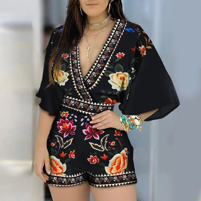 Women's Jumpsuit Casual Summer New Floral Print Deep V Neck 3/4 Sleeve Playsuit 2024 Woman Party Beach Playsuits