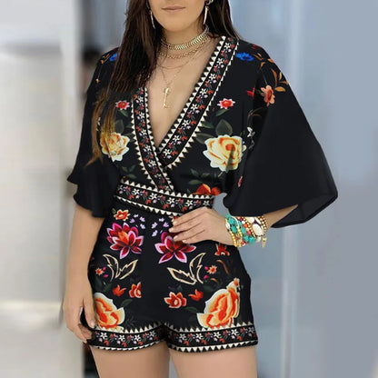 Women's Jumpsuit Casual Summer New Floral Print Deep V Neck 3/4 Sleeve Playsuit 2024 Woman Party Beach Playsuits