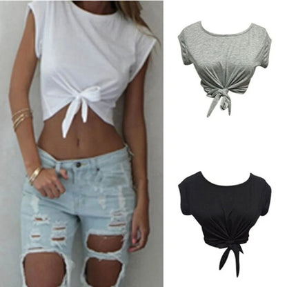 Knotted Tie Front Crop Tops Summer  Women Cropped T Shirt Casual Tanks Camis Casual O Neck Short Sleeve Solid Tees