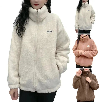 Fleece Fluffy Jacket Streetwear Harajuku Zipper Coat Woman Lightweight Jacket Autumn Winter Plush Warm Jacket Splice Coat