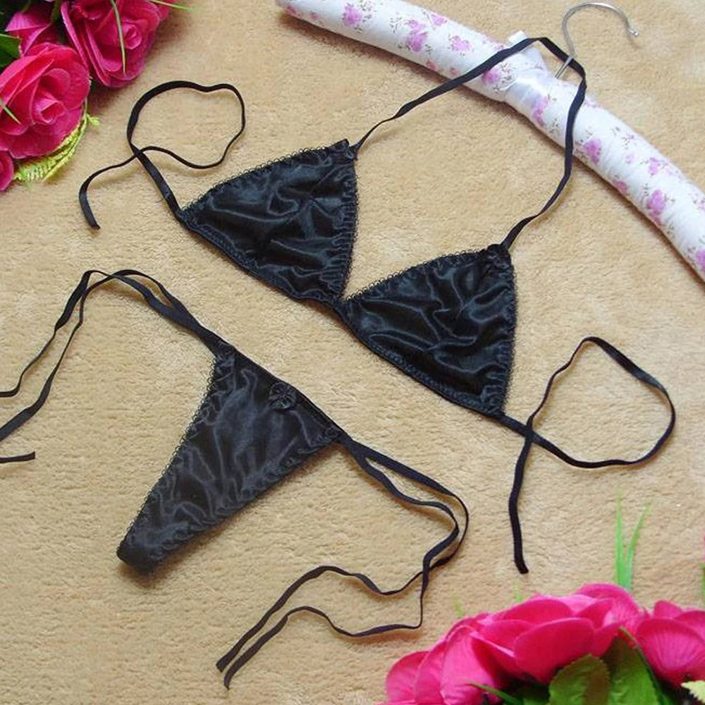 Sexy Lingerie Set Womens Satin Silk Thong Underwear Bra Panties T-back Lace Up Top Briefs Bikini Beach Swimming Bathing Suit