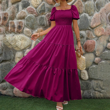 Women's Boho Loose Long Dress Crew Neck Short Sleeve Ruffle Hem A Line Flowy Maxi Dresses Female Summer Casual Holiday Dress