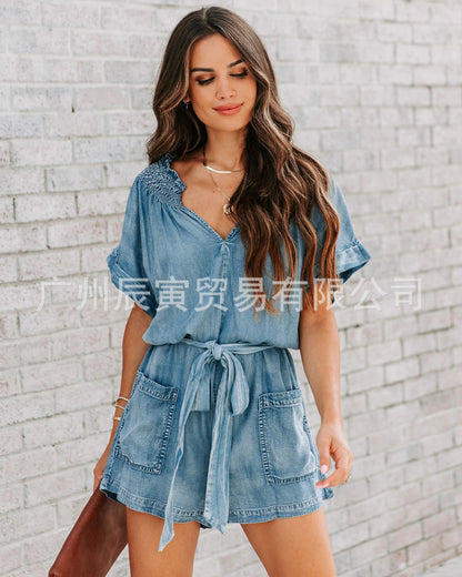 One Piece Jeans Stretch Jumpsuits Women V Neck Short Sleeve Solid Denim Casual Rompers Ladies Lace Up Playsuits Pockets