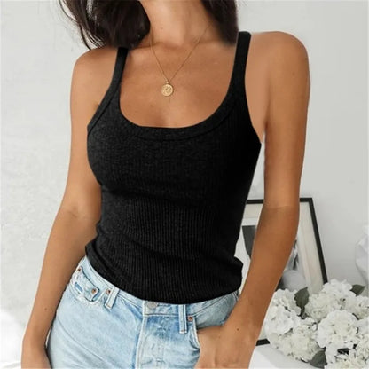 O Neck Summer Knit Vest Sleeveless Women Sexy Basic T Shirt White Off Shoulder Ribbed Black Tank Tops Casual