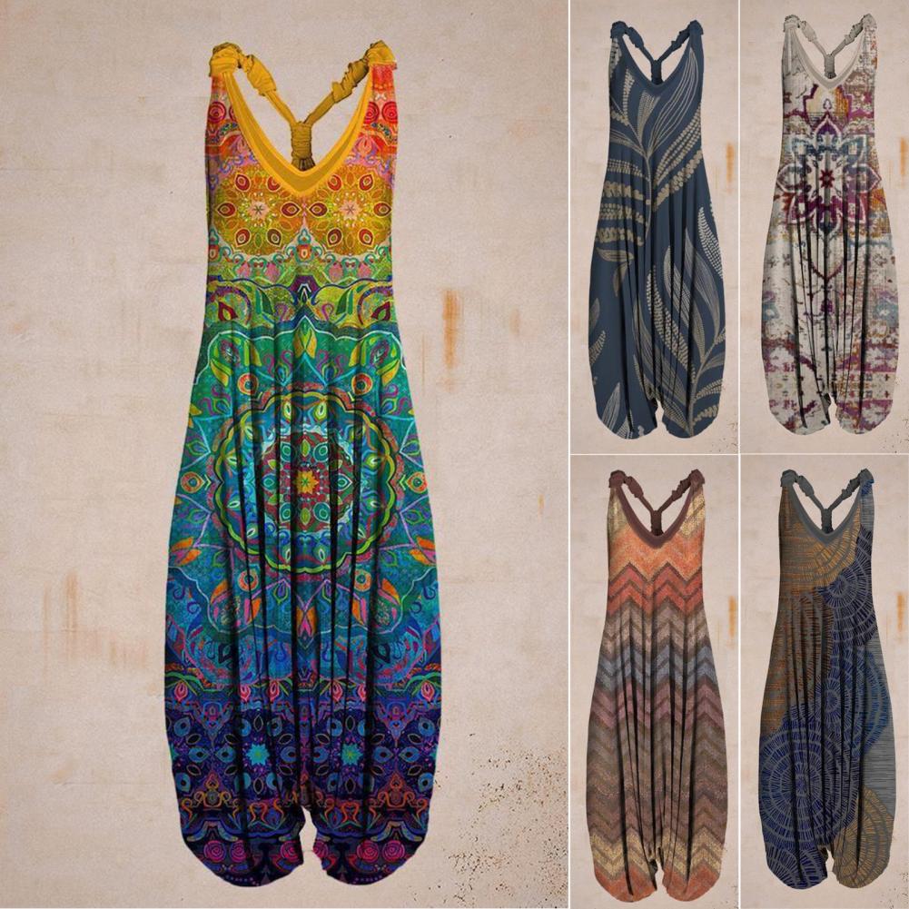 Vintage Ethnic Style S-4XL Women Casual Floral Rompers Loose Boho Casual Jumpsuits Sleeveless Print Strappy Jumpsuit 2022 New