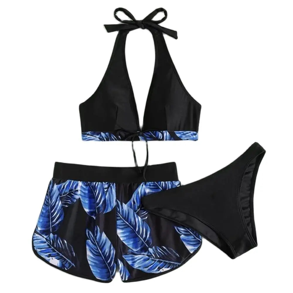 Women 2024 New Bikinis 6 Colors Sexy Halter Bikini 3 Piece Set Leafs Print High Waisted Swimsuit Beach Bathing Suit Size S-XXL