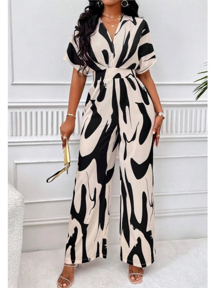 Sexy sleeveless women's V-neck jumpsuit, elegant suit with tight fitting print, one-piece, suitable for spring/summer 2024