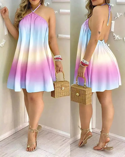 Dresses For Woman 2024 Sexy Sleeveless Backless Short Mini Dress Loose Halter Neck Print Beach Sundress Floral Vestidos S-3XL