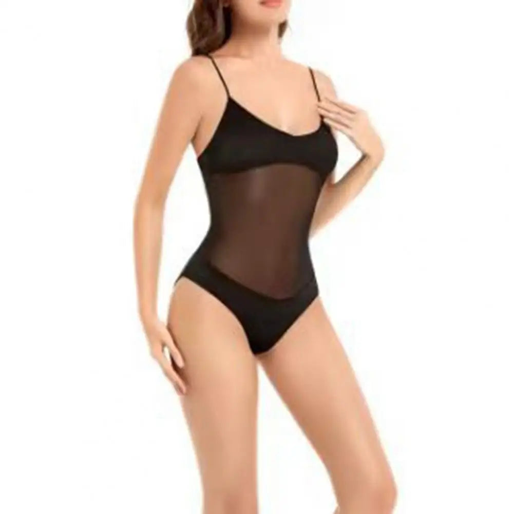 Sexy Women Swimsuit Solid Color Seamless Monokini Sling V-Neck Sleeveless Mesh Splicing One-piece Swimsuit Beach