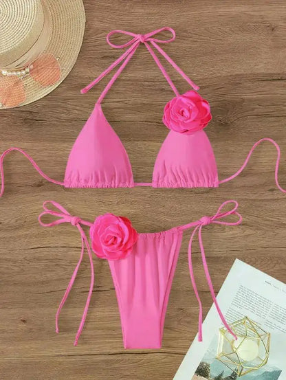 S - L Sexy 3D Flowers Halter Strappy Bikini Women Swimwear Female Swimsuit Two-pieces Bikini Set Bather Bathing Suit Swim