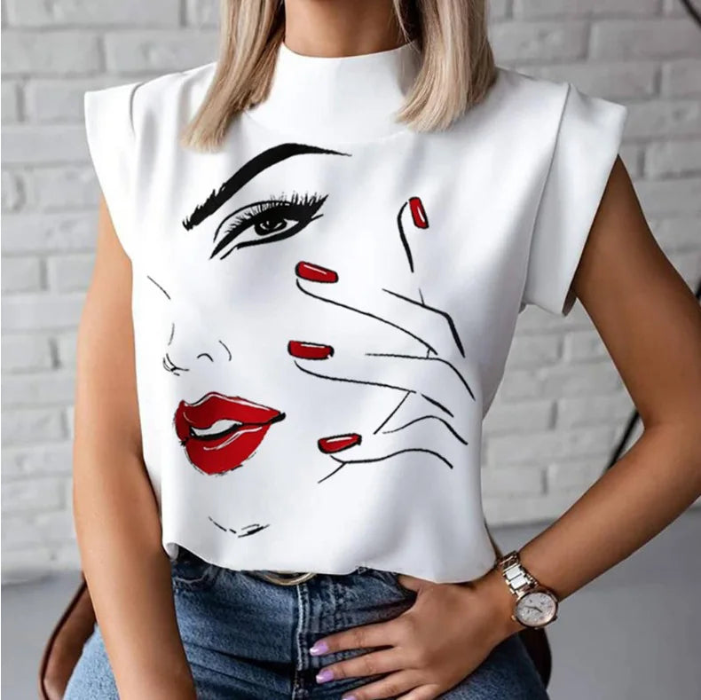 Fashion Women Elegant Lips Print Tops and Blouse Shirts 2024 Summer Ladies Office Casual Stand Neck Pullovers Eye Blusa Tops