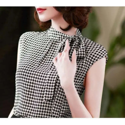 Summer Korean Elegant Stand Collar Vintage Plaid Printed Bow Lacing Chiffon Shirt Women Loose Casual Sleeveless Blouse Lady Top