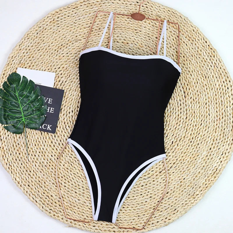 Swimsuit new female simple black and white color combination small fragrant wind one-piece swimsuit