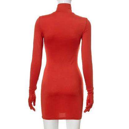 Sexy Women's Bodycon Dresses Long Sleeve Dress Women Mini Dress with Gloves Solid Half Turtleneck Dress Spring Autumn Party Club