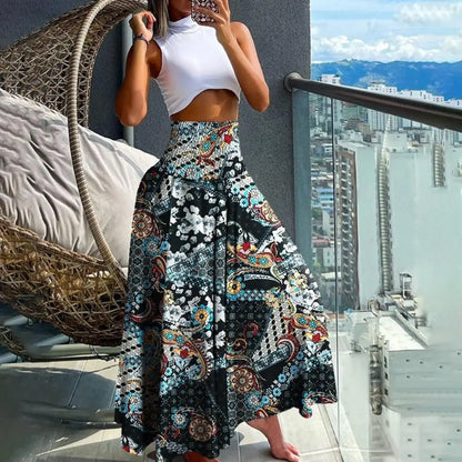 Women Maxi Skirt High Waist Wide Elastic Waist A-Line Retro Printed Skirt Summer Loose Fit Long Skirt Streetwear Платье Maxi