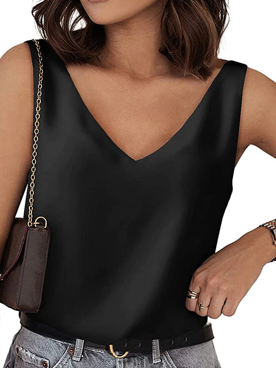 Women's Elegant Silk Satin V Neck Tube Tank Top Solid Sleeveless Camisole Blouse for Summer Basic Cami Tank T Shirt Streetwear