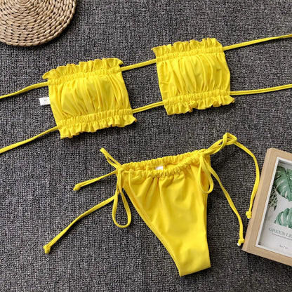 Sexy Bikini 2023 Pleated Bandeau Swimsuit Female Swimwear Women Mini Thong Bikini Set Bather Swimming Beachwear for Bathing Suit