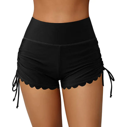 Women Swim Shorts, High Waist Drawstring Wavy Hem Solid Summer Bathing Surfing Bottoms