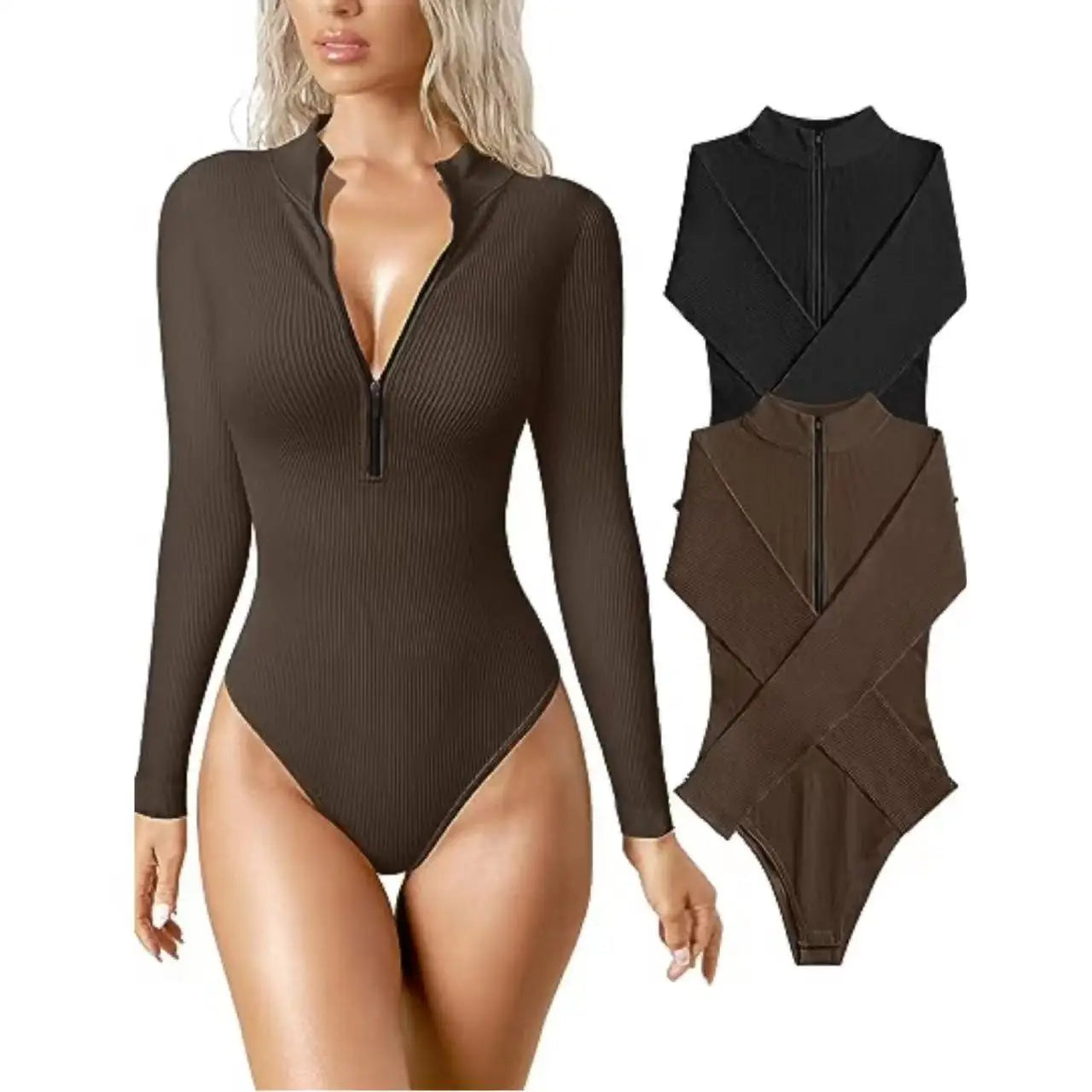 Women Half Zip Up Bodysuits Spring Autumn Stand Collar Long Sleeve Pit Knitted Playsuits Female Romper OUFY-864