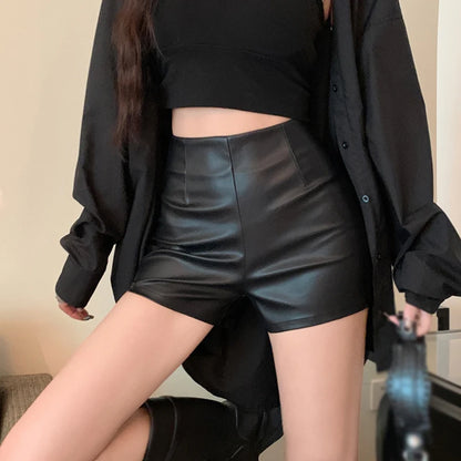 Leather Shorts Black Y2k Shorts Women's Spring and Summer High Waist Bag Hip Sexy Pu Leather Bottoming Elastic Tight Shorts