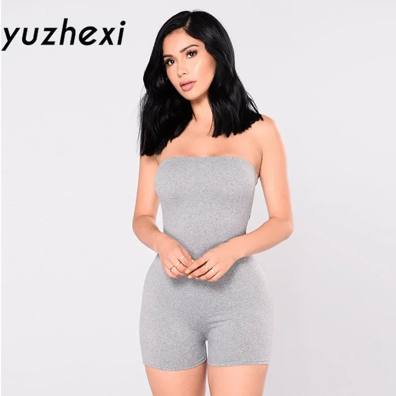 YUZHEXI Strapless Bodycon Playsuit Solid Khaki Women Fleece Off Shoulder Short Jumpsuit Casual Streetwear Slim Body Suit Y2K