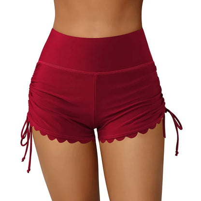 Women Swim Shorts, High Waist Drawstring Wavy Hem Solid Summer Bathing Surfing Bottoms