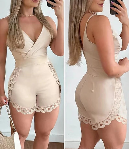 Fashion Womens Jumpsuit Elegant Plunge Sleeveless Ruched Pocket Design Romper High Waist Pocket Design Skorts Bodysuit 2024 New