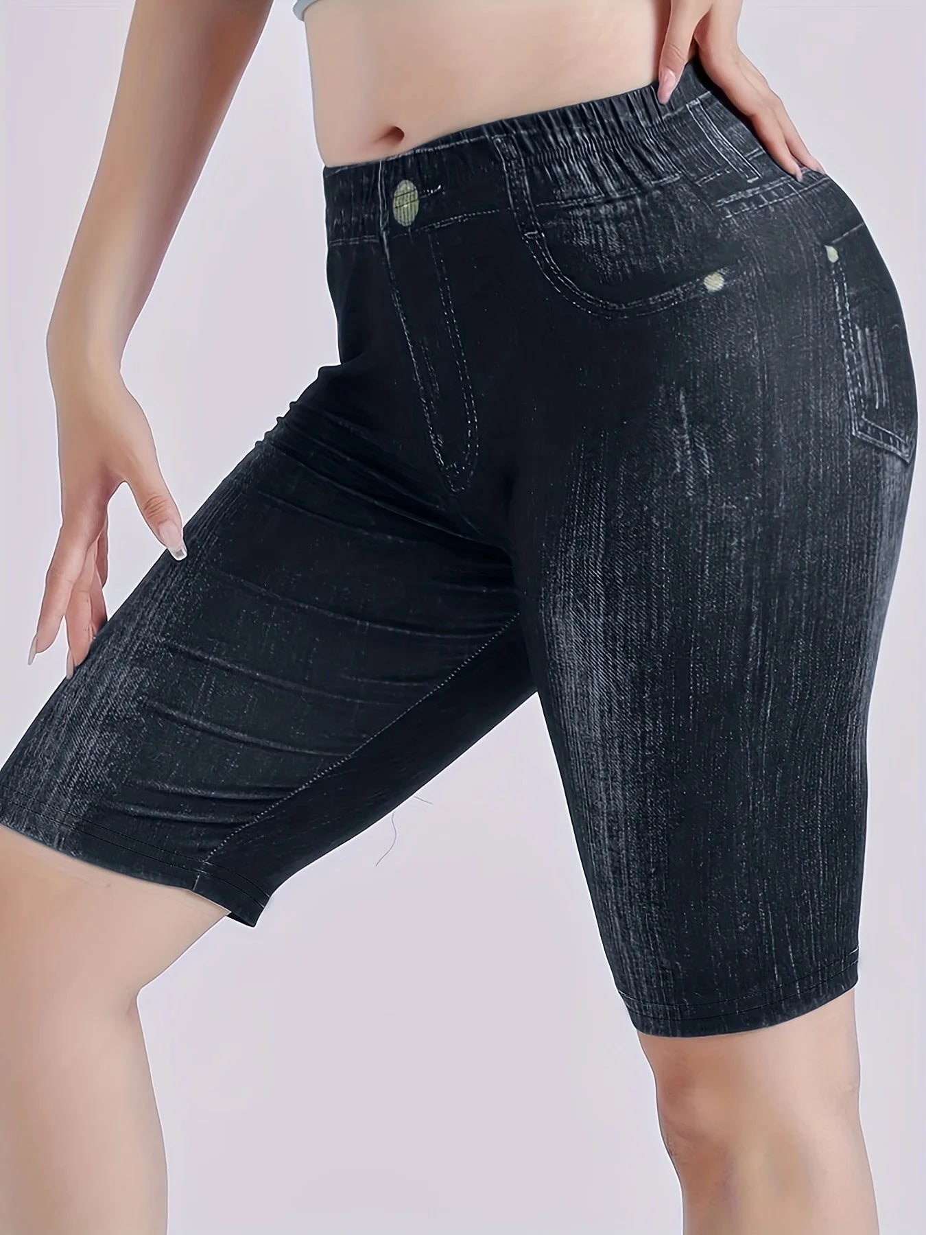 Women's Black Imitation Denim Shorts Slim Fit Leggings Casual Women's Leggings Comfortable Stretch Pants