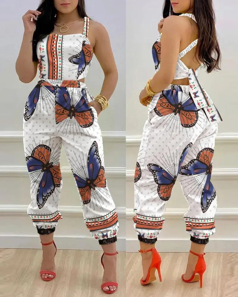 Sexy Hollowed Out Backless Rompers Summer Elegant Holiday Off Shoulder Playsuits Lady Casual Sleeveless Print Jumpsuits Women