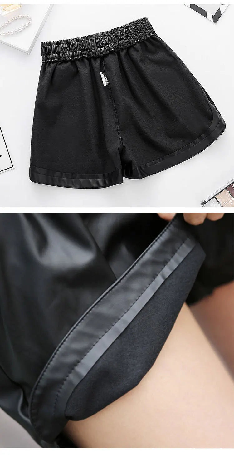 2023 Women Black PU Leather Shorts High Waist Wide Leg Faux Leather Short High Quality Winter Loose PU Shorts 3XL