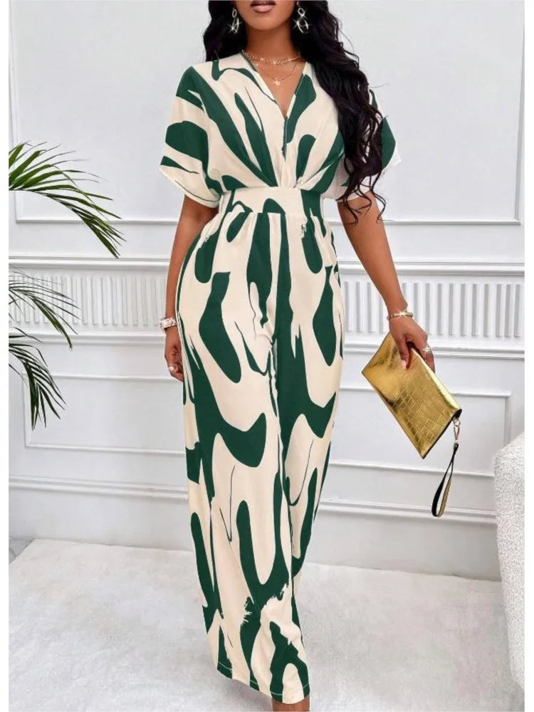 Sexy sleeveless women's V-neck jumpsuit, elegant suit with tight fitting print, one-piece, suitable for spring/summer 2024