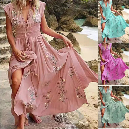 2024 New Summer Women's Deep V-neck Beach Bohemian Print Dress Ladies Sleeveless Sexy High Waist Lace-up Holiday Maxi Dress