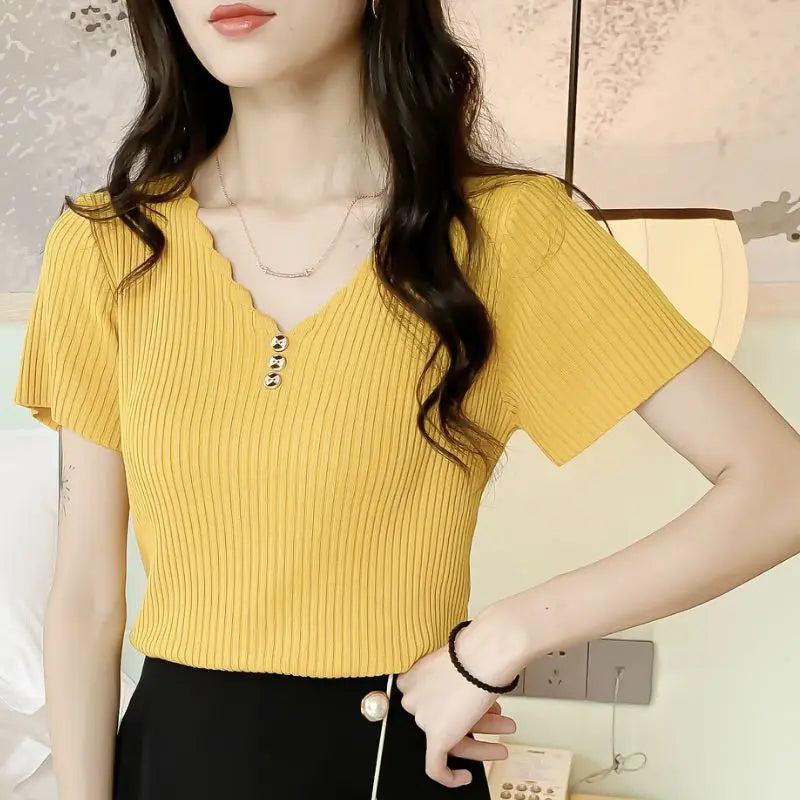 Korean Fashion Temperament Simple Summer Thin Ice Silk Short Sleeve T-shirt Women's Solid V-neck Patchwork Button Loose Knit Top