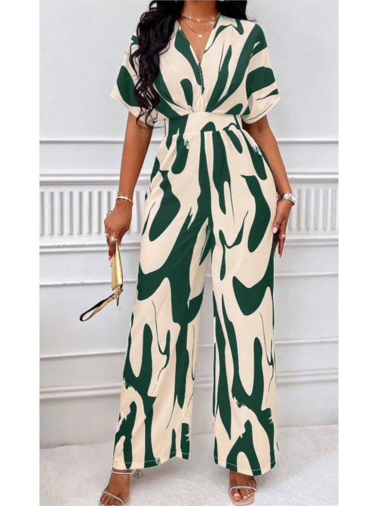 Sexy sleeveless women's V-neck jumpsuit, elegant suit with tight fitting print, one-piece, suitable for spring/summer 2024