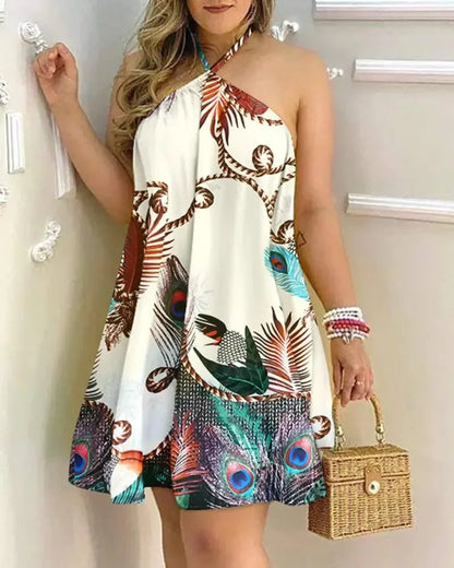 Dresses For Woman 2024 Sexy Sleeveless Backless Short Mini Dress Loose Halter Neck Print Beach Sundress Floral Vestidos S-3XL