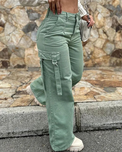 Pocket Design High Waist Cargo Pants Women Solid Color Summer Spring Pants Safari