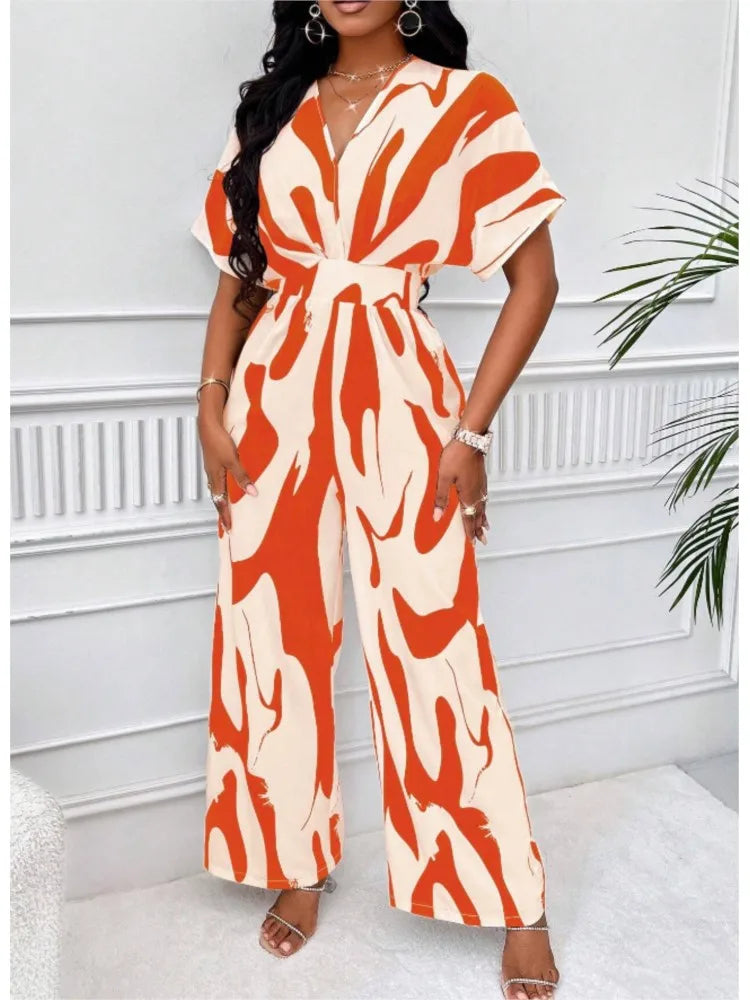 Sexy sleeveless women's V-neck jumpsuit, elegant suit with tight fitting print, one-piece, suitable for spring/summer 2024